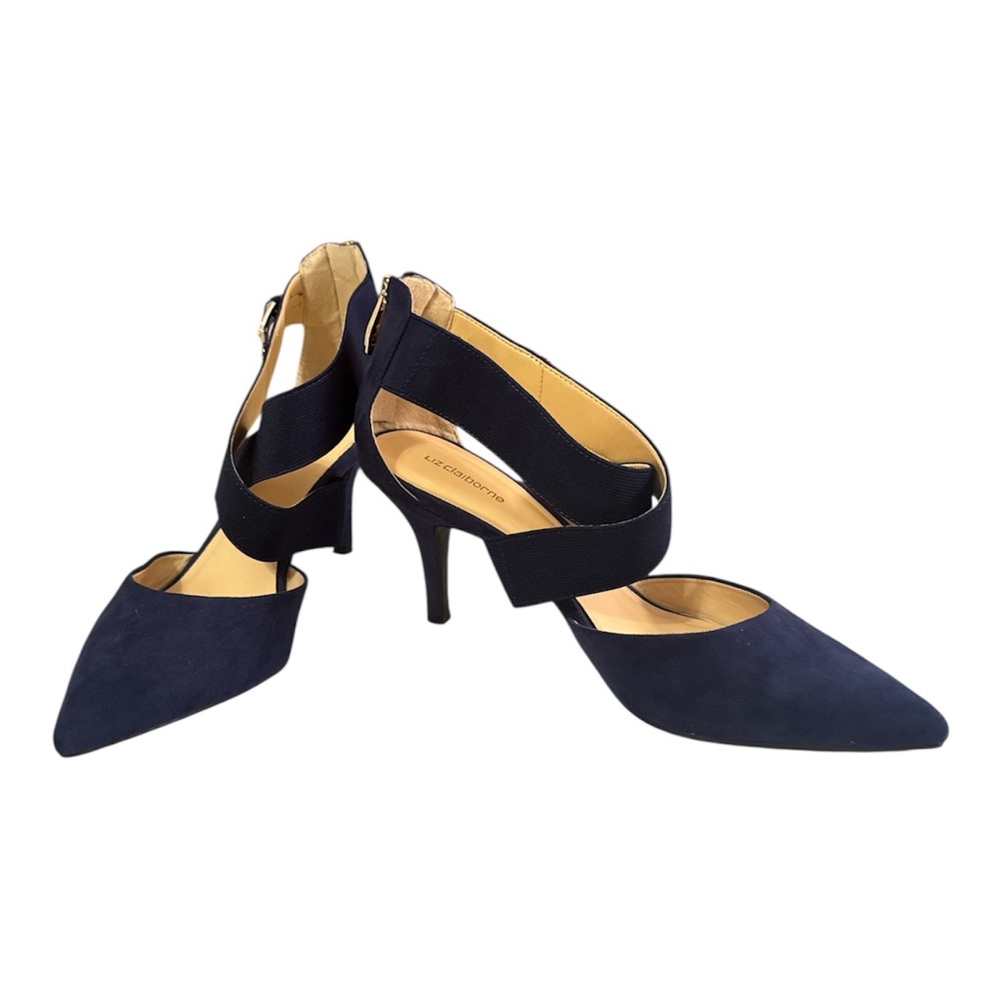 Liz Claiborne Keegan Women’s Navy Blue Suede Crossover Strap Stiletto 7.5 Wide